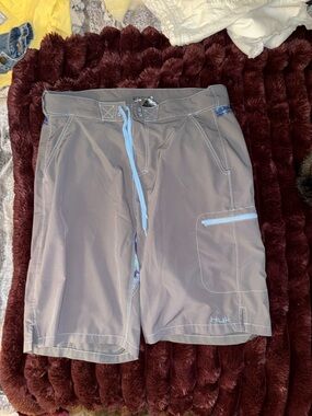 Huk Gray Outdoor Performance Shorts with Light Blue Tag Accent